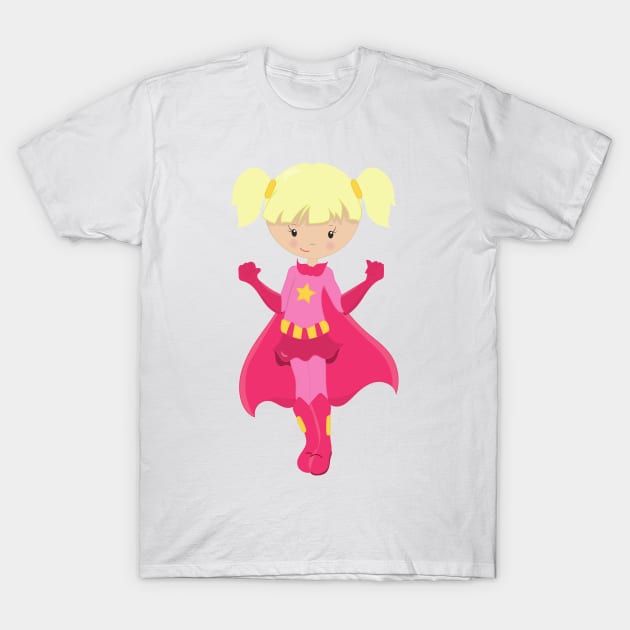 Superhero Girl, Blonde Hair, Pink Cape, Cute Girl T-Shirt by Jelena Dunčević